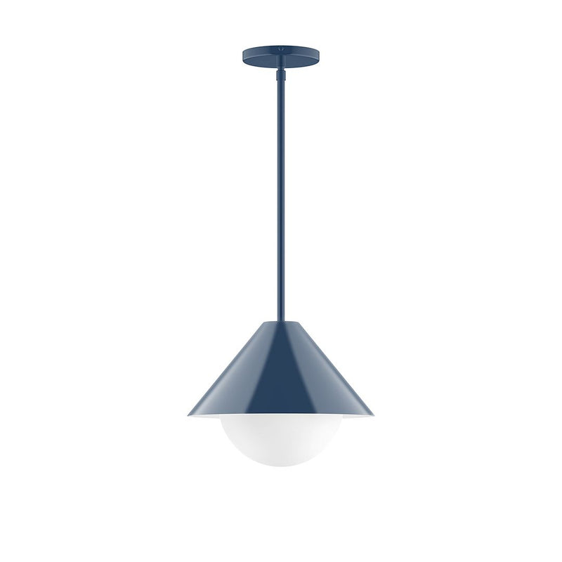 Navy stem-hung pendant with frosted glass globe and flared metal canopy