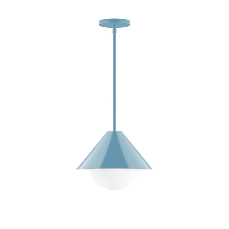 Light blue glass globe stem-hung pendant with round canopy
