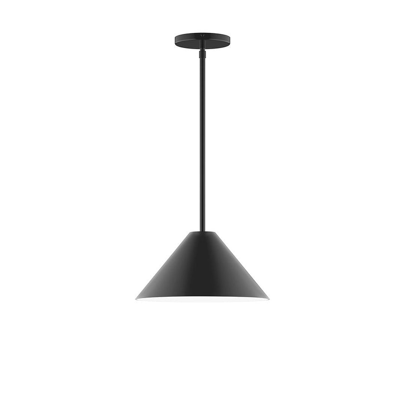 Black stem-hung pendant with round canopy and cone shade