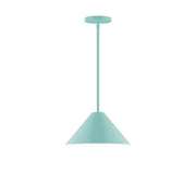 Sea green LED stem-hung pendant with conical shade and round ceiling canopy