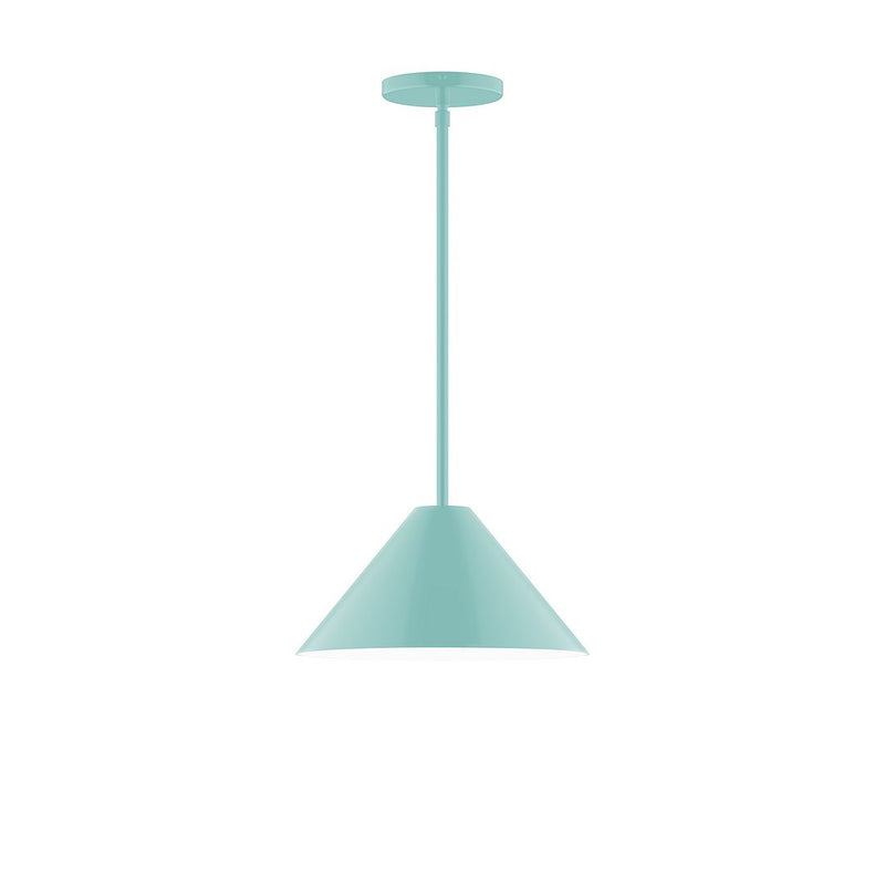 Sea green LED stem-hung pendant with conical shade and round ceiling canopy
