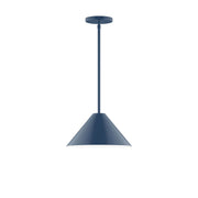 Navy stem-hung pendant light with flared conical shade and round ceiling canopy