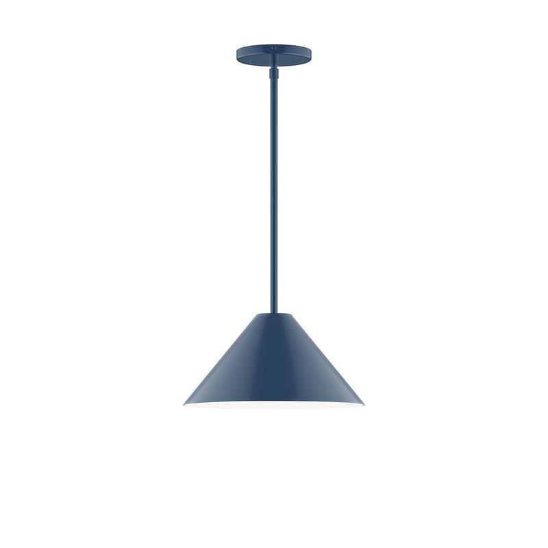 Navy LED stem-hung pendant with flared bell shade and round ceiling canopy