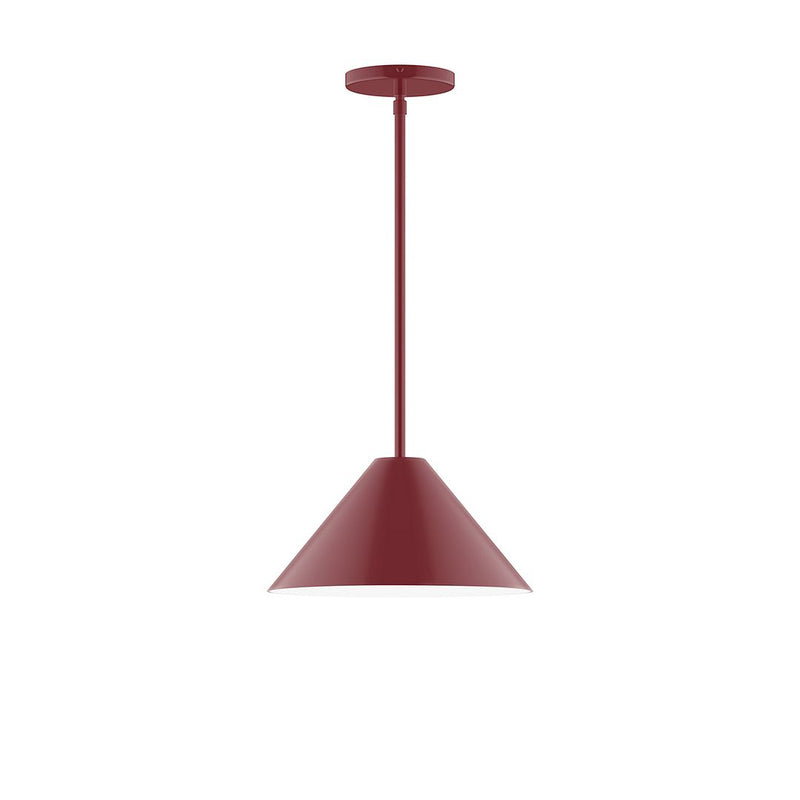 12-inch LED stem-hung pendant with barn red conical shade and straight rod