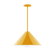 Stem-hung pendant light with bright yellow bell shade and long metal stem