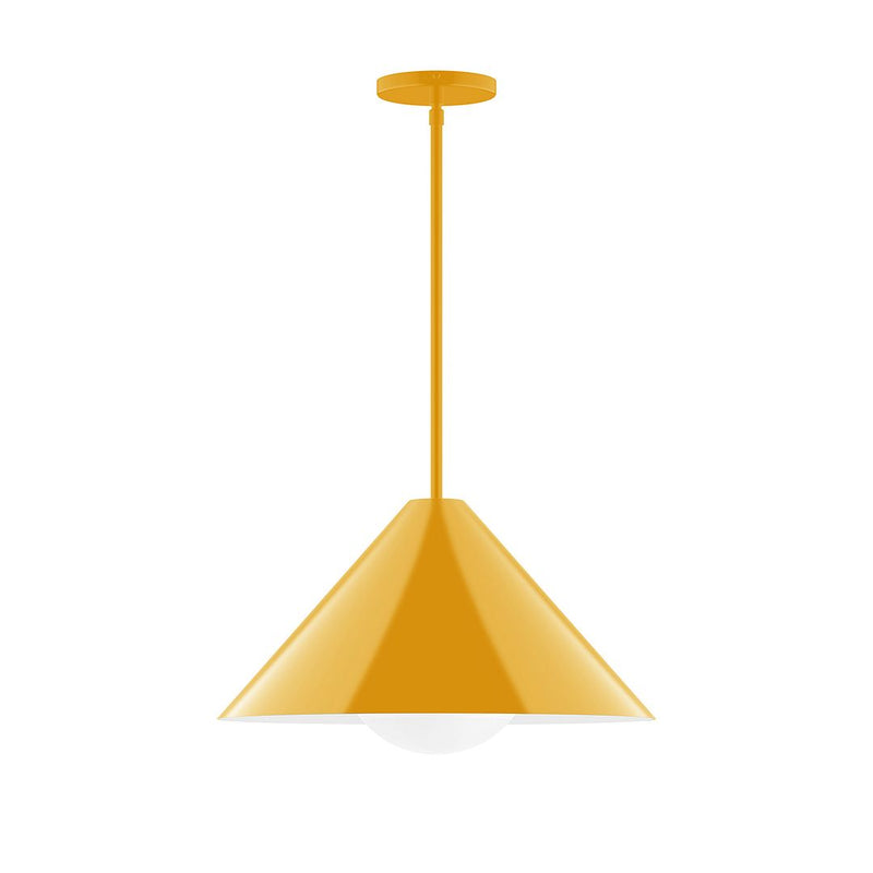 Stem-hung pendant light with bright yellow bell shade and long metal stem