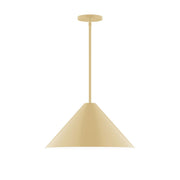 Ivory stem-hung pendant light with cone shade and round ceiling canopy