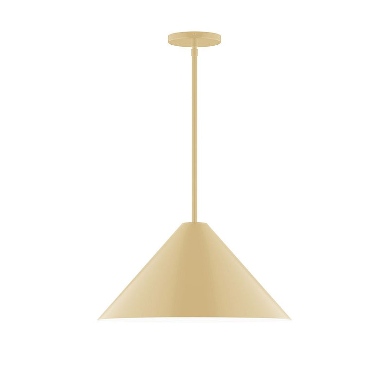 Ivory stem-hung pendant light with cone shade and round ceiling canopy