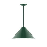 Forest green stem-hung pendant with conical shade and round ceiling canopy.