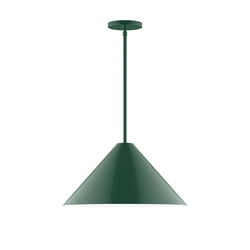 Forest green stem-hung pendant with conical shade and round ceiling canopy.