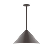 Stem-hung pendant in architectural bronze with conical shade and ceiling canopy