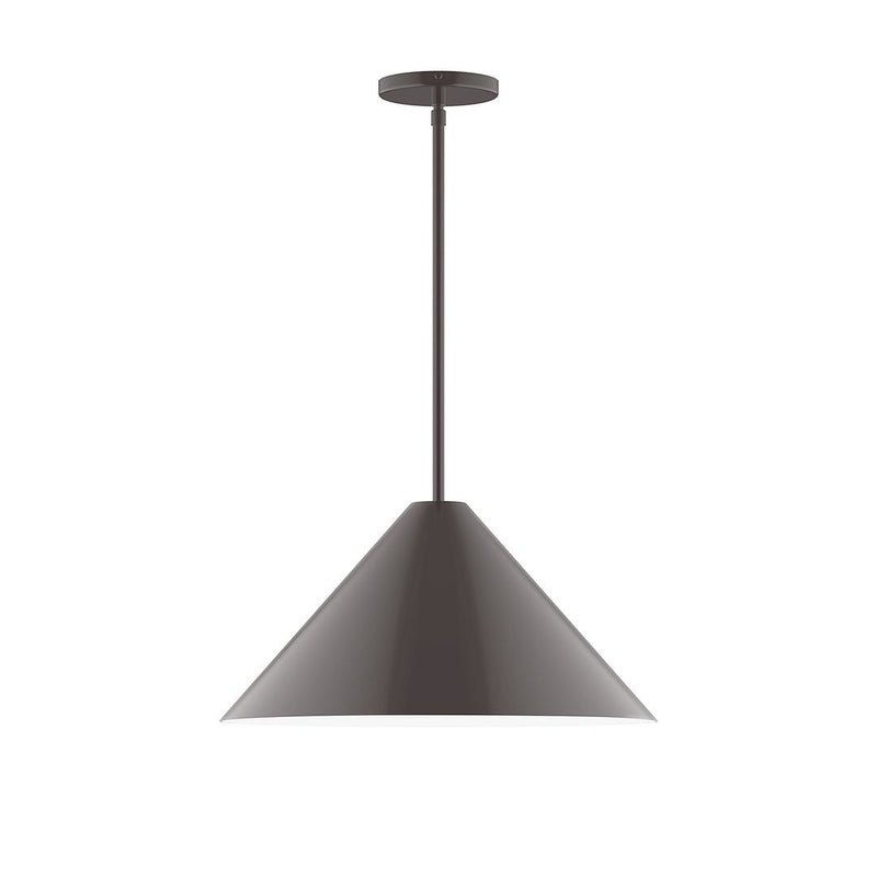 Stem-hung pendant in architectural bronze with conical shade and ceiling canopy