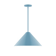 Light blue stem-hung pendant lamp with flared cone shade
