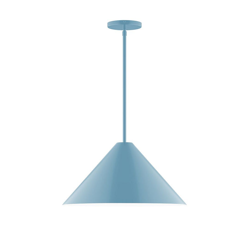 Light blue stem-hung pendant lamp with flared cone shade