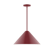 Barn red stem-hung pendant with cone-shaped shade and vertical metal stem