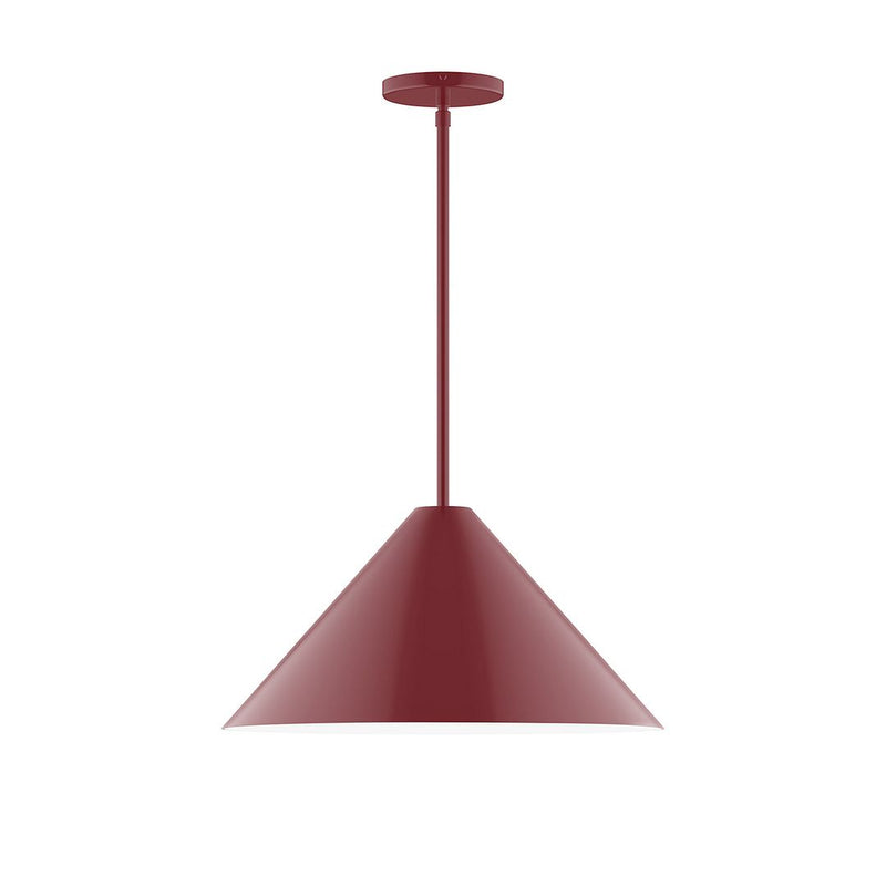 Barn red stem-hung pendant with cone-shaped shade and vertical metal stem