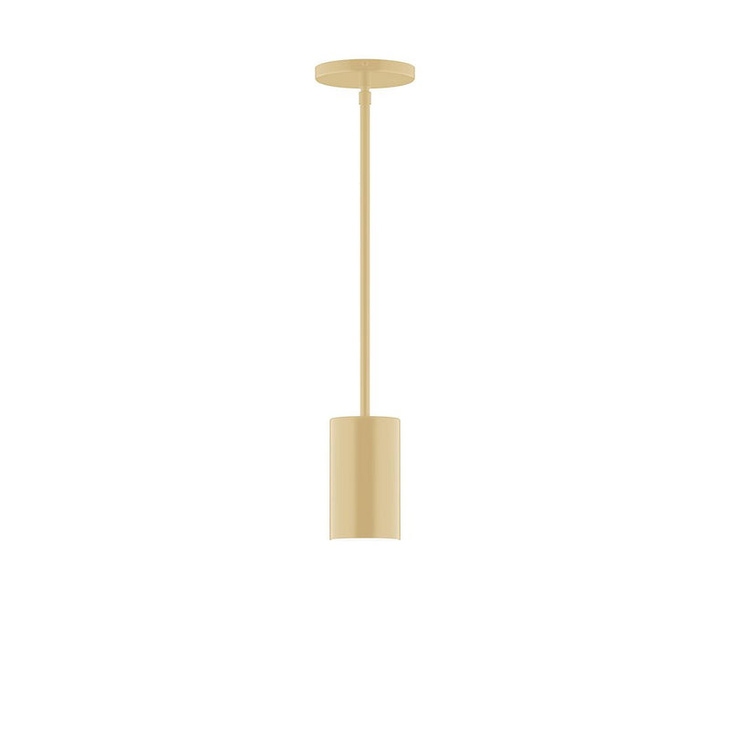 Ivory stem-hung pendant light with cylindrical drum shade and flat round canopy