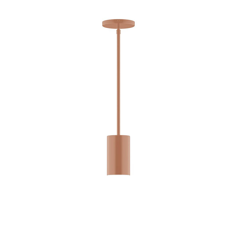 Terracotta stem-hung pendant light with cylindrical shade and round ceiling canopy
