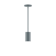 Slate gray stem-hung pendant light with cylindrical shade and round canopy