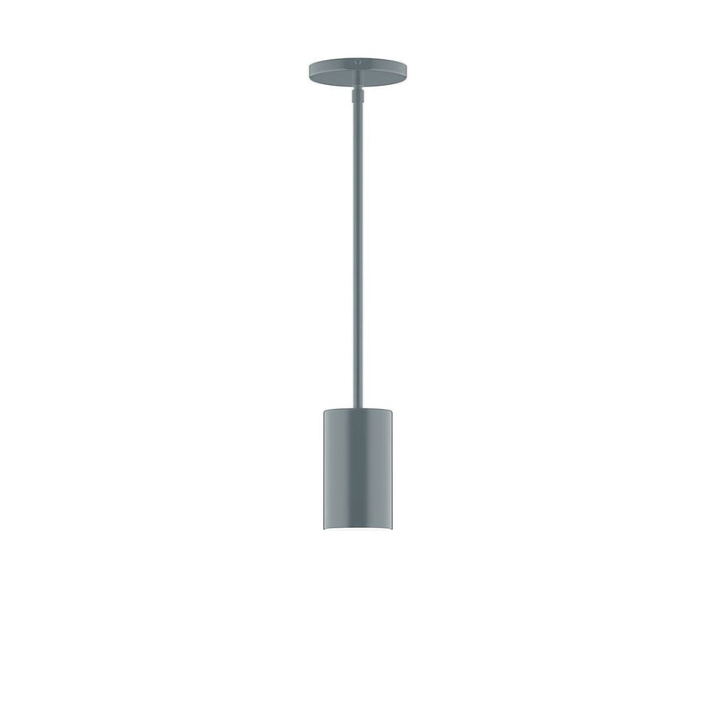 Slate gray stem-hung pendant light with cylindrical shade and round canopy