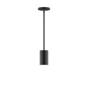 Black stem-hung pendant with cylindrical shade and straight down rod