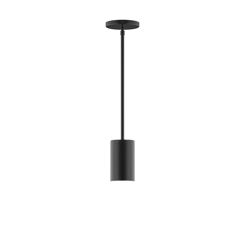 Black stem-hung pendant with cylindrical shade and straight down rod