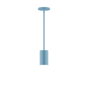 Light blue stem-hung pendant with cylindrical shade and top canopy.