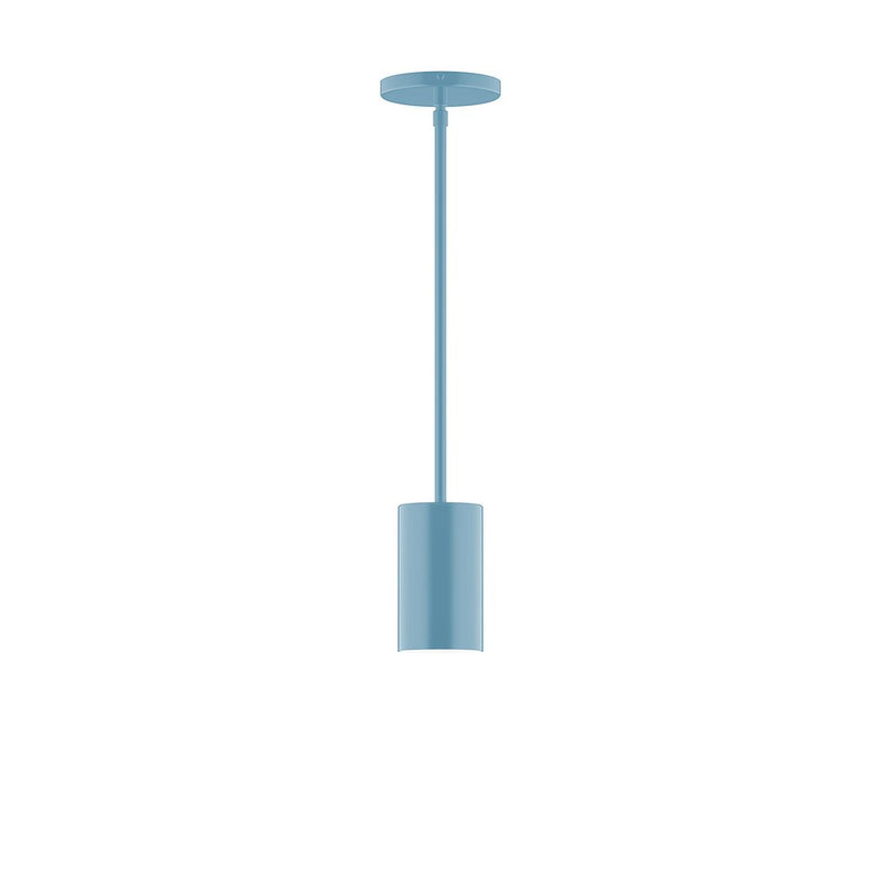 Light blue LED stem-hung pendant with cylindrical shade and round ceiling canopy