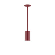 Barn red LED stem-hung pendant with cylindrical shade and matching canopy, open bottom.