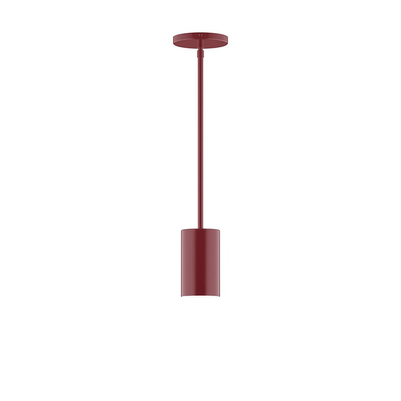 Barn red LED stem-hung pendant with cylindrical shade and matching canopy, open bottom.