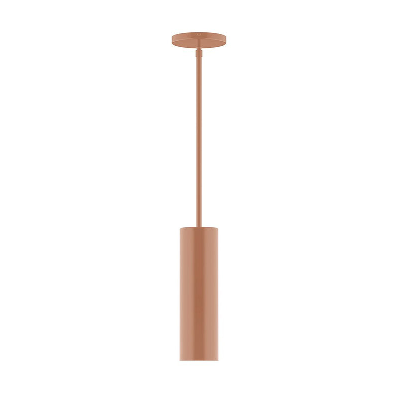 Terracotta stem hung pendant with cylindrical shade and round ceiling canopy