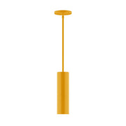Bright yellow stem-hung pendant with cylindrical shade and round ceiling canopy
