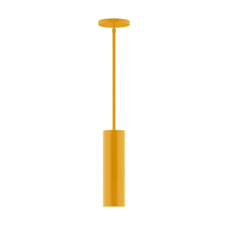 Bright yellow stem-hung pendant with cylindrical shade and round ceiling canopy