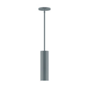 Slate gray stem-hung pendant light with round canopy and vertical metal stem.