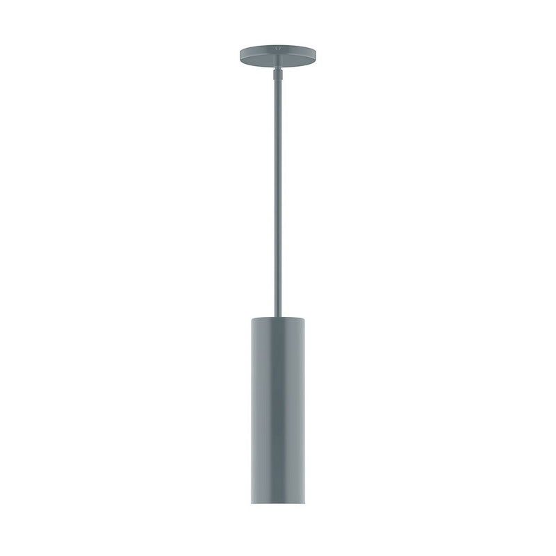 Slate gray LED stem-hung pendant with round ceiling canopy and vertical diffuser