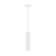 White stem-hung pendant light with cylindrical shade and round ceiling canopy