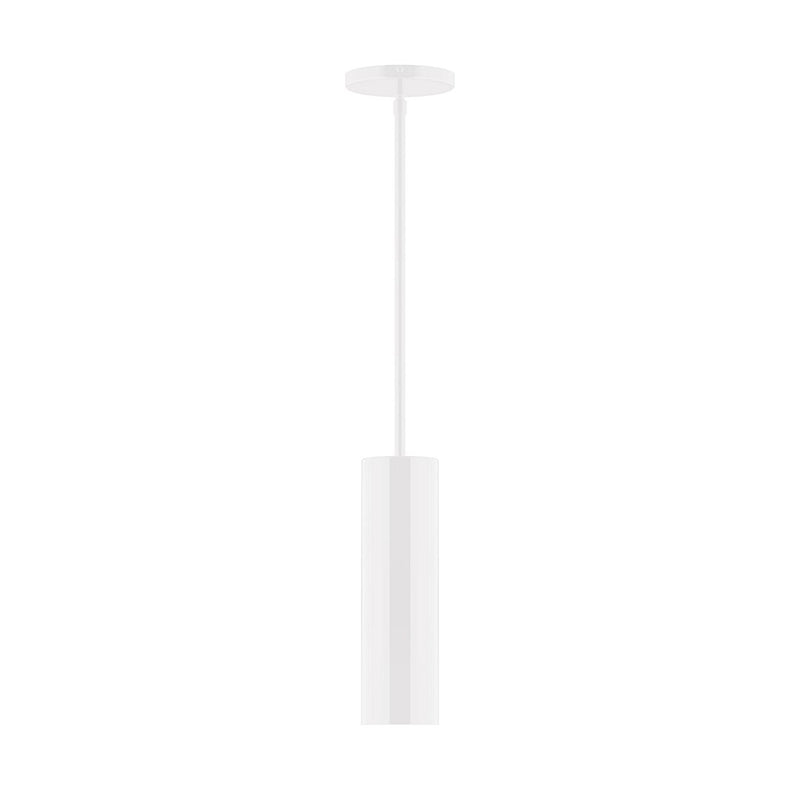 White stem-hung pendant light with cylindrical shade and round ceiling canopy