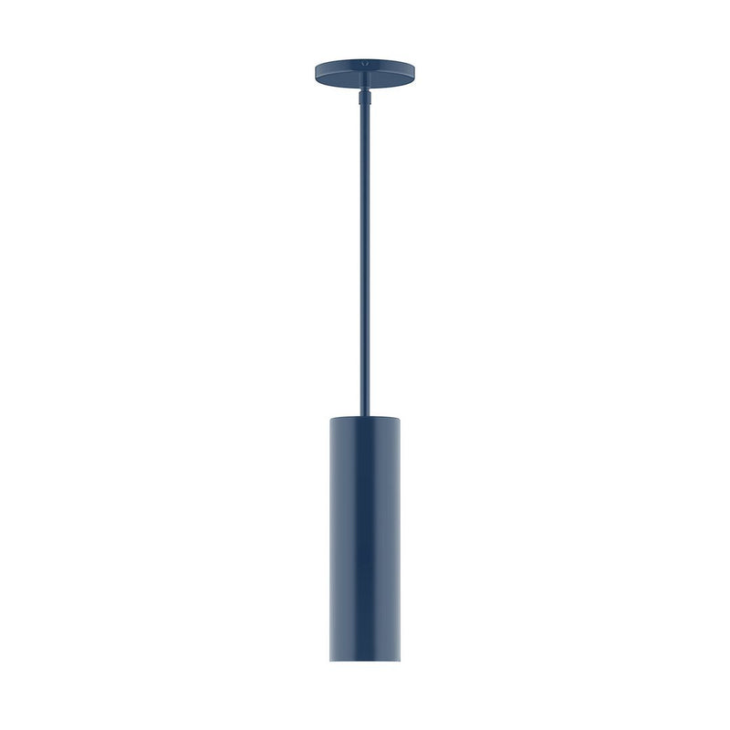 Navy stem-hung pendant with round canopy and cylindrical body, 3.5 in shade