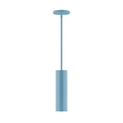 Light blue stem-hung pendant light with round canopy and cylindrical shade
