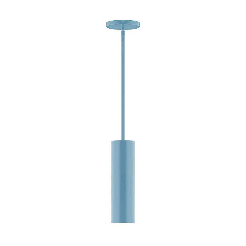 Light blue stem-hung pendant light with round canopy and cylindrical shade