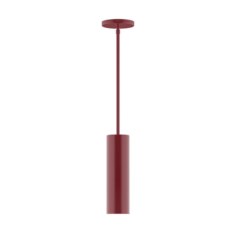 Barn red LED stem-hung pendant light with cylindrical housing and round ceiling canopy
