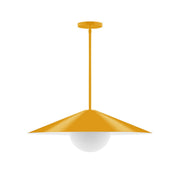 Bright yellow stem-hung pendant with wide shade and glass globe