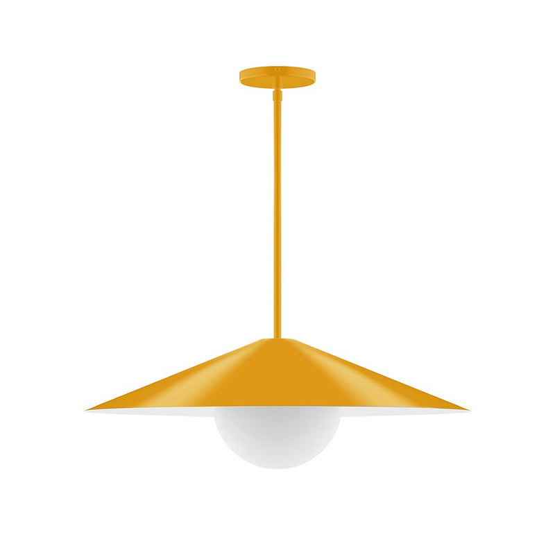 Bright yellow stem-hung pendant with wide shade and glass globe
