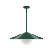 Forest green stem-hung pendant with frosted glass globe and wide metal shade