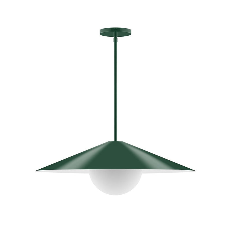Forest green stem-hung pendant with frosted glass globe and wide metal shade