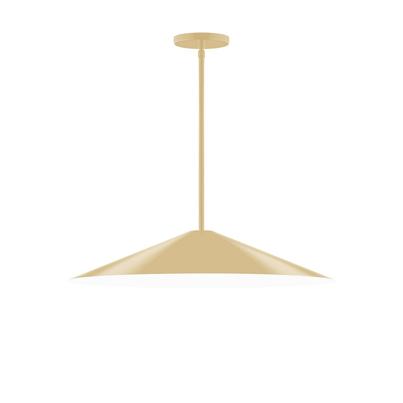 Ivory stem-hung pendant light with flat circular canopy and bell-shaped shade