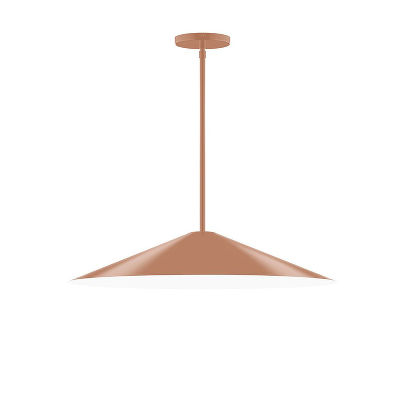 Terracotta stem-hung pendant light with wide dome shade and metal ceiling canopy