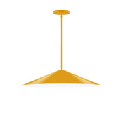 Bright yellow stem-hung pendant light with conical shade and round ceiling canopy.