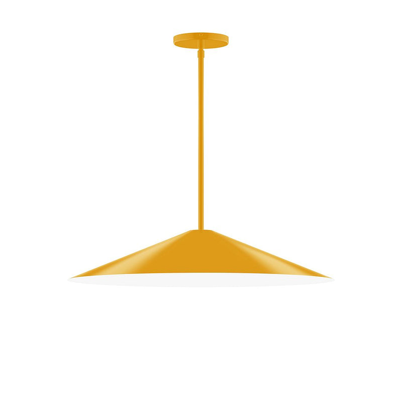 Bright yellow stem-hung pendant light with conical shade and round ceiling canopy.