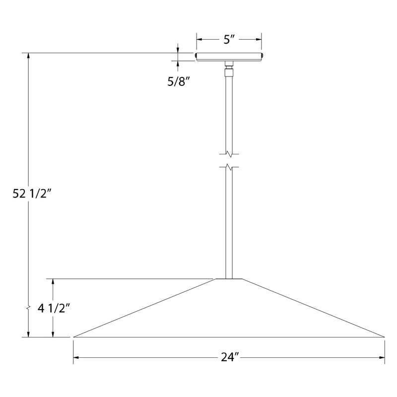 Dimensional diagram of 24 in stem-hung pendant with conical shade and 52 1/2 in height.